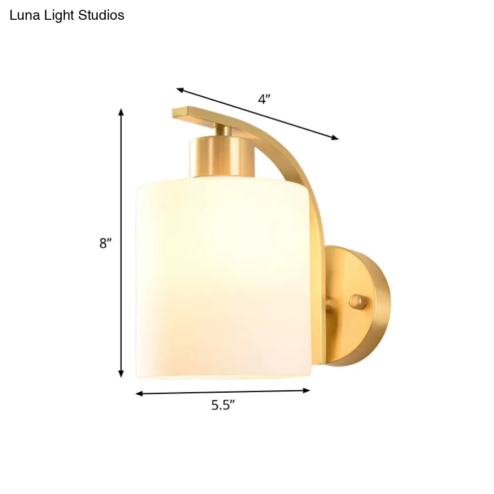 Modern 1-Light Brass Cylinder Sconce With Milk Glass Shade - Wall Lighting Fixture