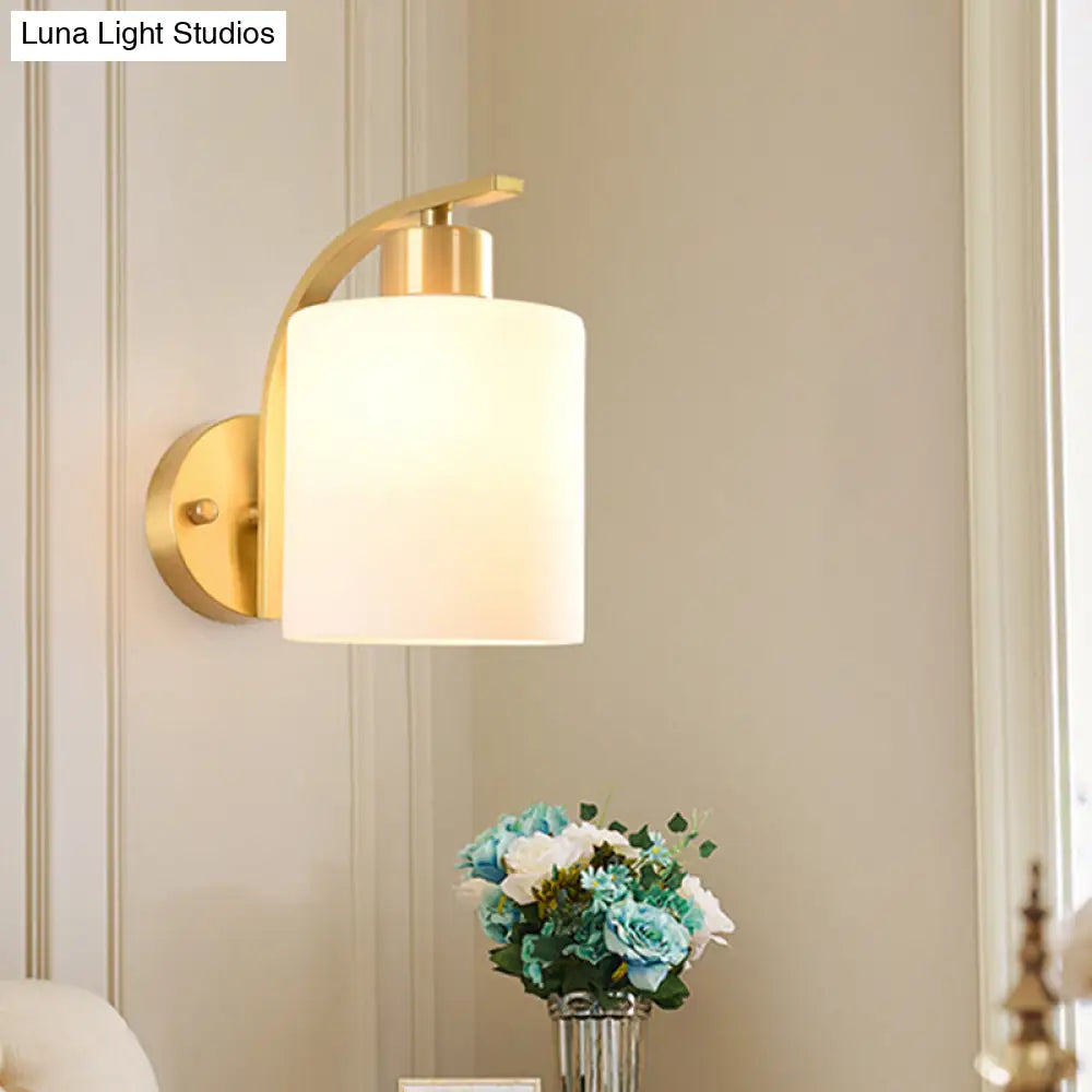 Modern 1-Light Brass Cylinder Sconce With Milk Glass Shade - Wall Lighting Fixture