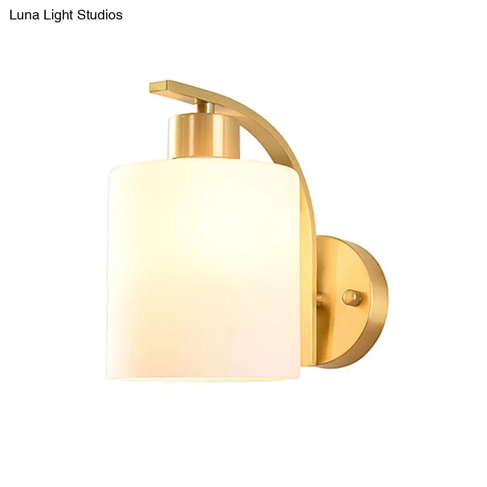 Modern 1-Light Brass Cylinder Sconce With Milk Glass Shade - Wall Lighting Fixture