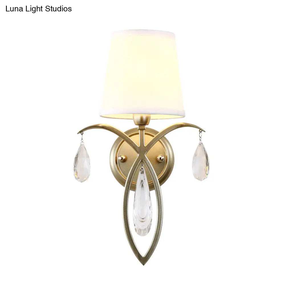 Modern 1-Light Conic Wall Lamp With Teardrop Crystal Deco In Brass - Stylish Fabric Sconce For