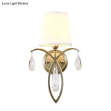 Modern 1-Light Conic Wall Lamp With Teardrop Crystal Deco In Brass - Stylish Fabric Sconce For