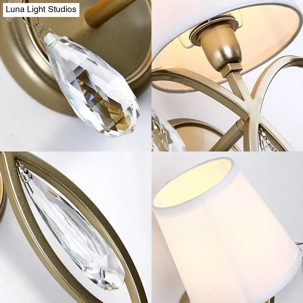 Modern 1-Light Conic Wall Lamp With Teardrop Crystal Deco In Brass - Stylish Fabric Sconce For