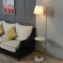 Modern 1-Light Floor Table Lamp: Beige Fabric Shade Gold Curved Arm