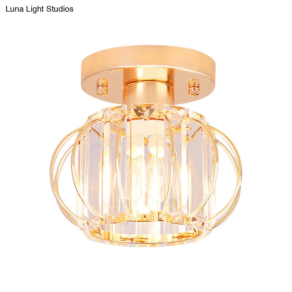 Modern 1-Light Semi Flush Mount Ceiling Light With Rectangular-Cut Crystal And Gold Lantern Frame