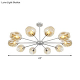 Modern 10-Bulb Chandelier Pendant Light With Amber Glass Shade - Silver Cup Design