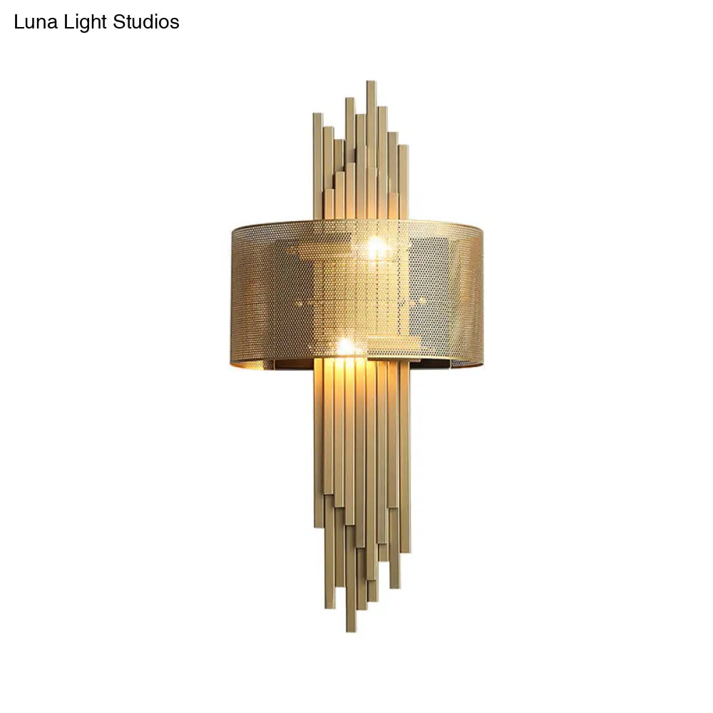 Modern 2-Head Gold Wall Sconce Lamp With Mesh Drum Shade