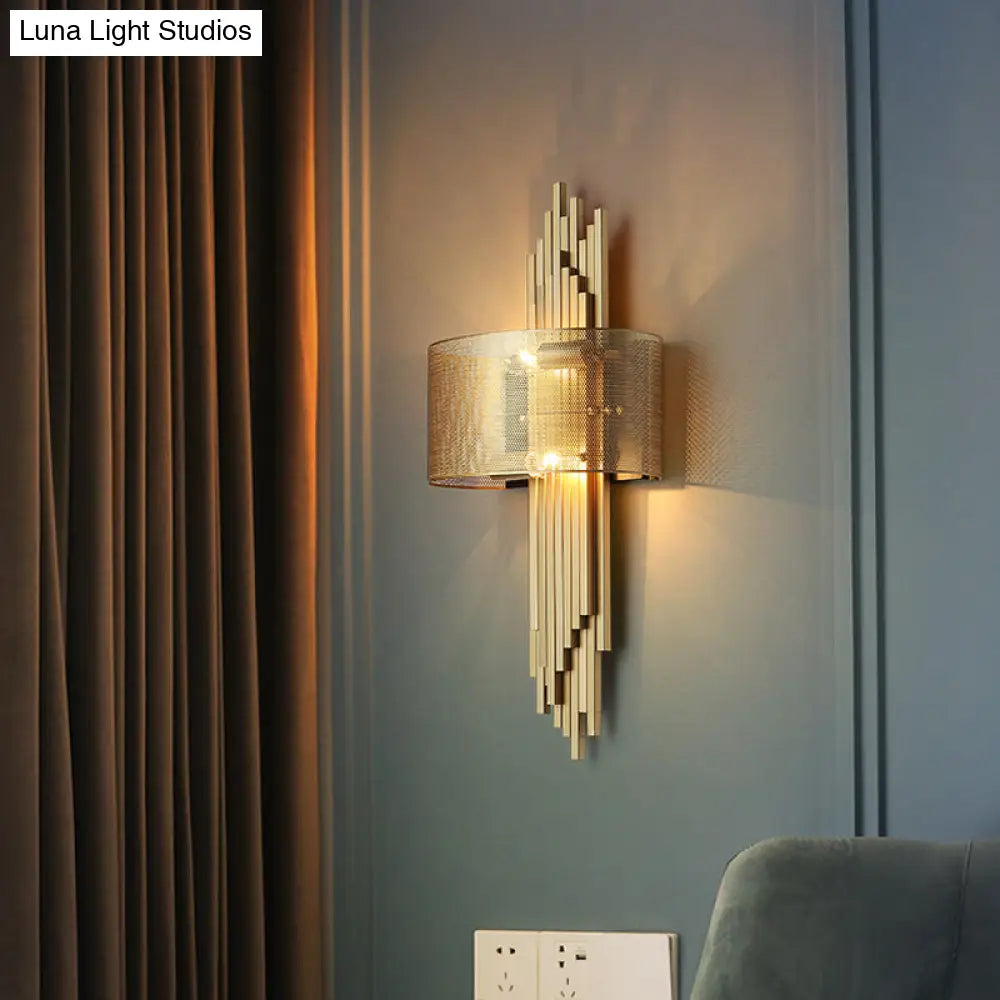 Modern 2-Head Gold Wall Sconce Lamp With Mesh Drum Shade