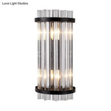 Modern 2-Head Tri-Sided Crystal Rod Cylinder Wall Mount Sconce Light Fixture In Black/Gold