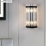 Modern 2-Head Tri-Sided Crystal Rod Cylinder Wall Mount Sconce Light Fixture In Black/Gold