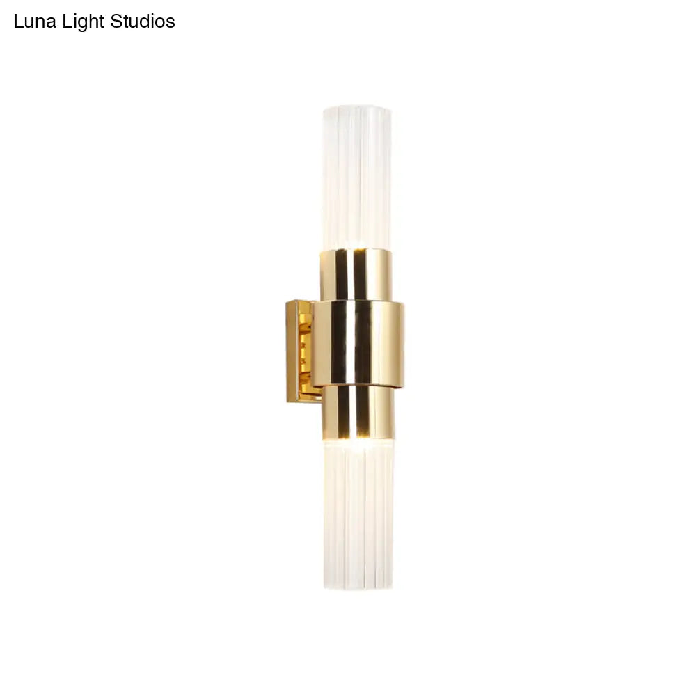 Modern 2-Headed Gold Wall Sconce With Clear Ribbed Glass For Bathroom