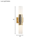 Modern 2-Headed Gold Wall Sconce With Clear Ribbed Glass For Bathroom