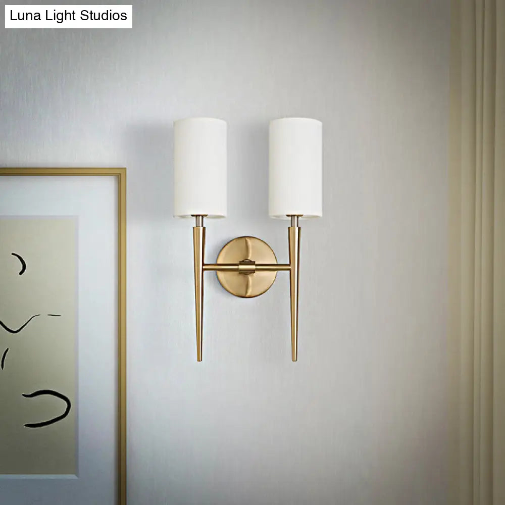 Modern 2-Light Metal Brass Wall Lamp With Symmetric Cylinder Design Fabric Shade - Ideal For Bedroom