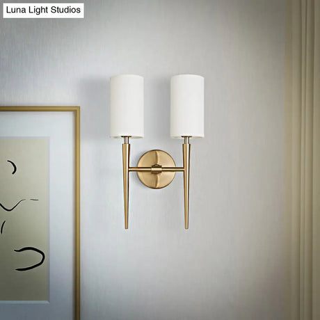 Modern 2-Light Metal Brass Wall Lamp With Symmetric Cylinder Design Fabric Shade - Ideal For Bedroom