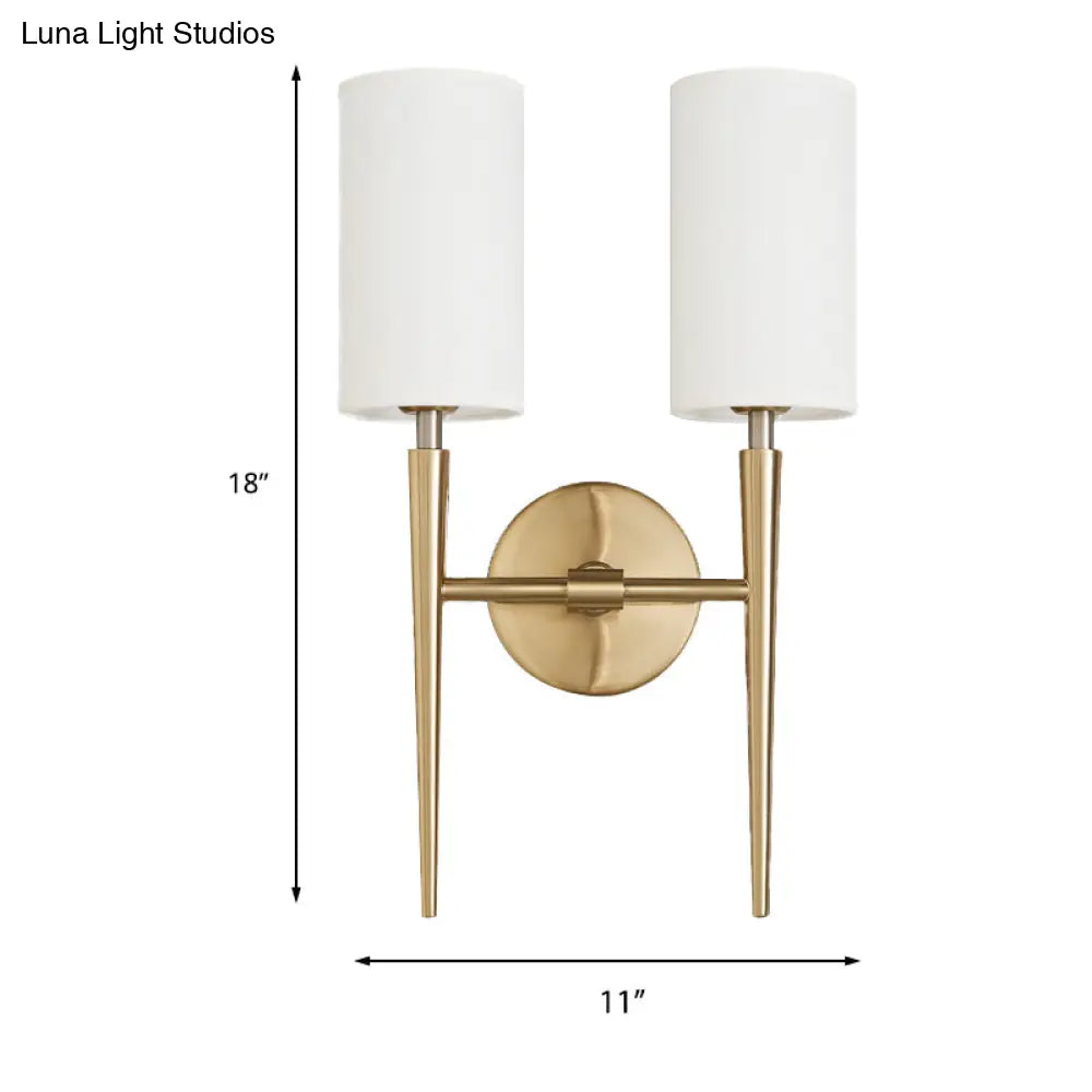 Modern 2-Light Metal Brass Wall Lamp With Symmetric Cylinder Design Fabric Shade - Ideal For Bedroom