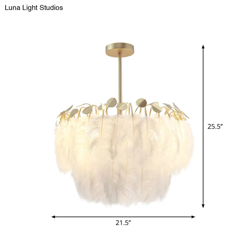 Modern 2-Tier Feather Chandelier: 3-Head Gold Suspended Lighting Fixture For Bedroom