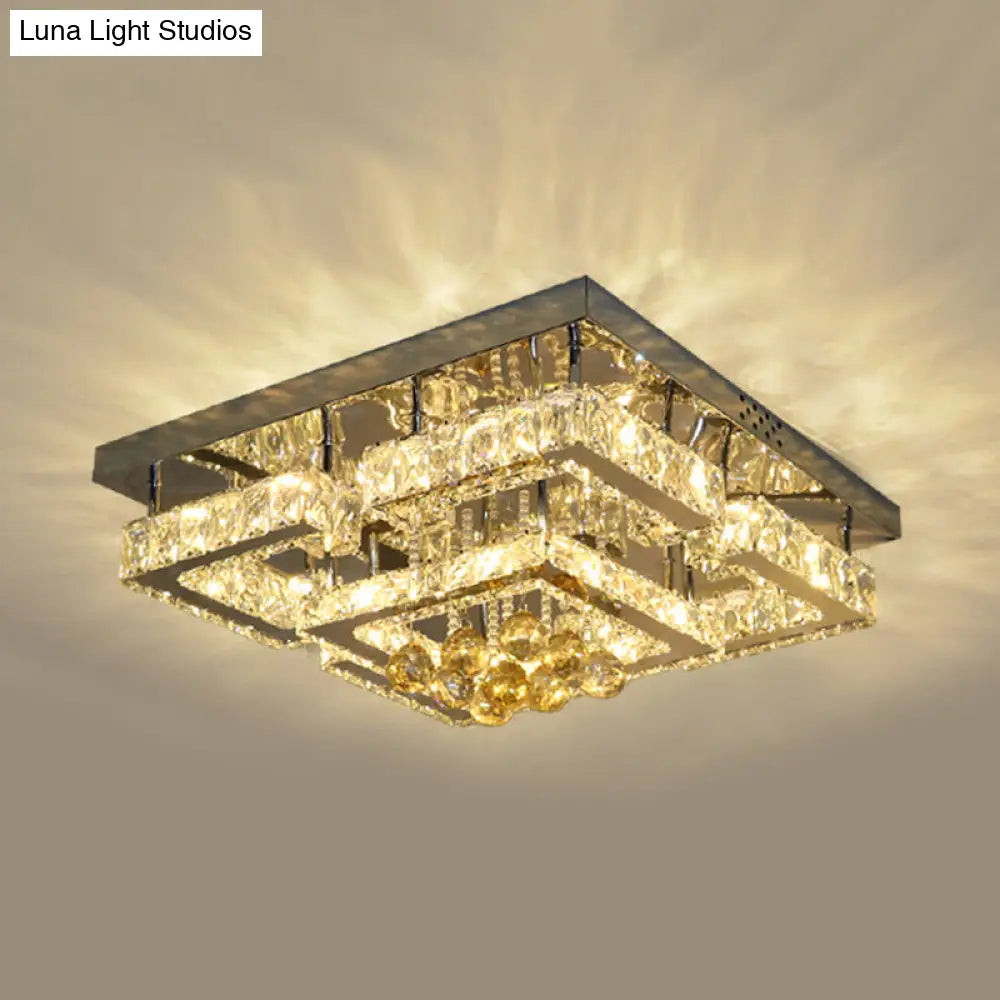 Modern 2-Tier Led Ceiling Flushmount In Crystal Chrome Square/Circle Design
