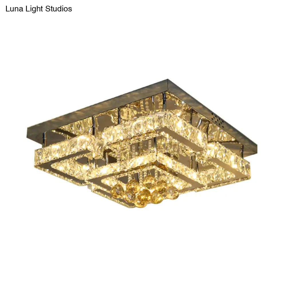 Modern 2-Tier Led Ceiling Flushmount In Crystal Chrome Square/Circle Design