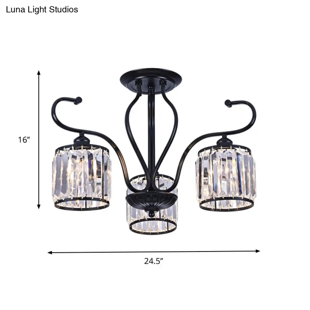 Modern 3/6-Light Cylindrical Crystal Semi Mount Ceiling Light - Black For Living Room
