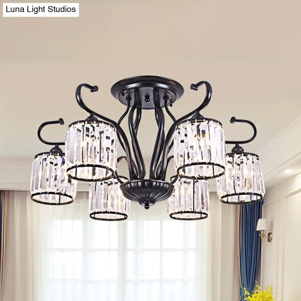 Modern 3/6-Light Cylindrical Crystal Semi Mount Ceiling Light - Black For Living Room