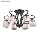 Modern 3/6-Light Cylindrical Crystal Semi Mount Ceiling Light - Black For Living Room
