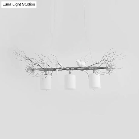 Modern 3-Head White Glass Pendant Light With Gold/Silver Branch - Cylinder Ceiling Island Fixture