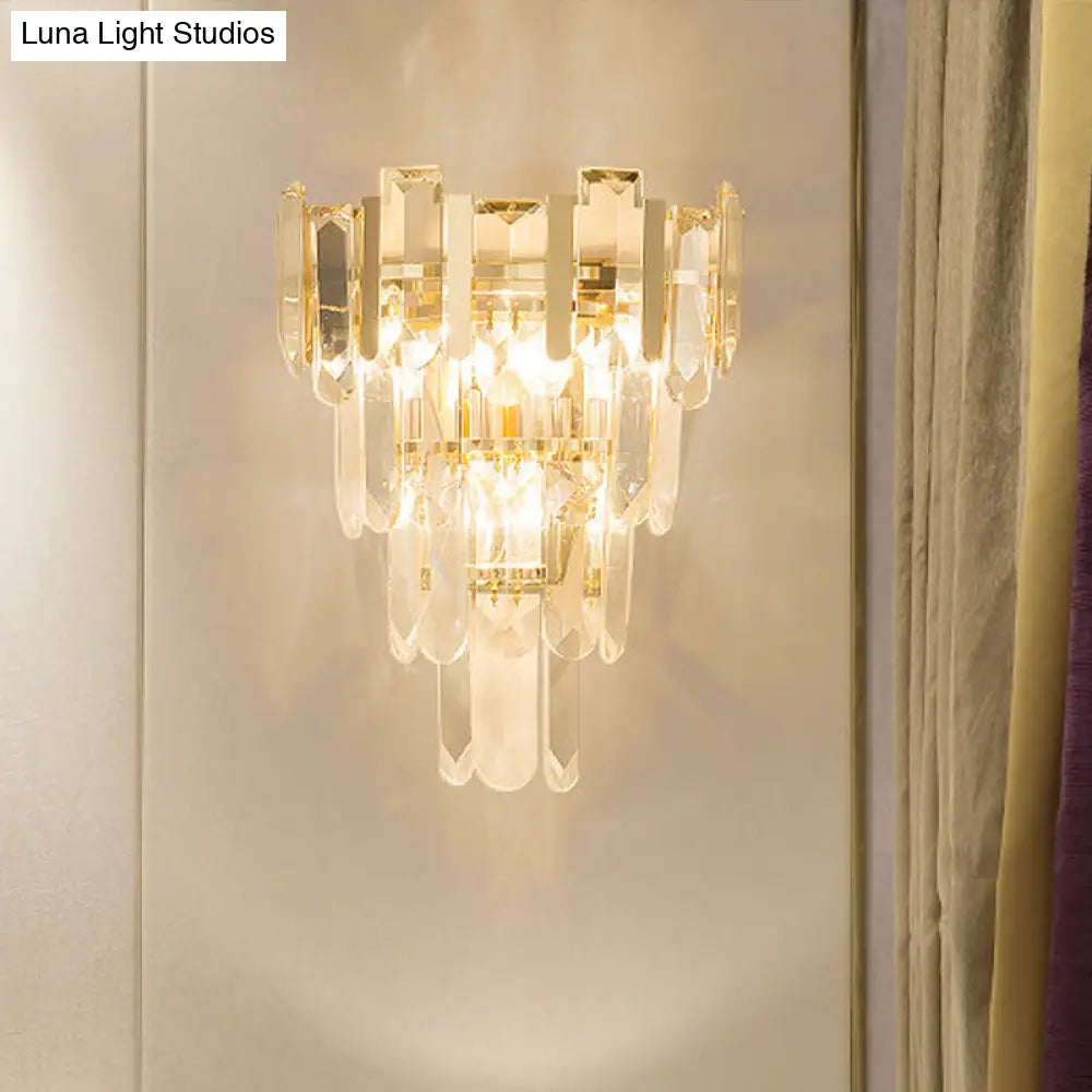 Modern 3-Headed Crystal Wall Sconce With Gold 4-Layer Mount