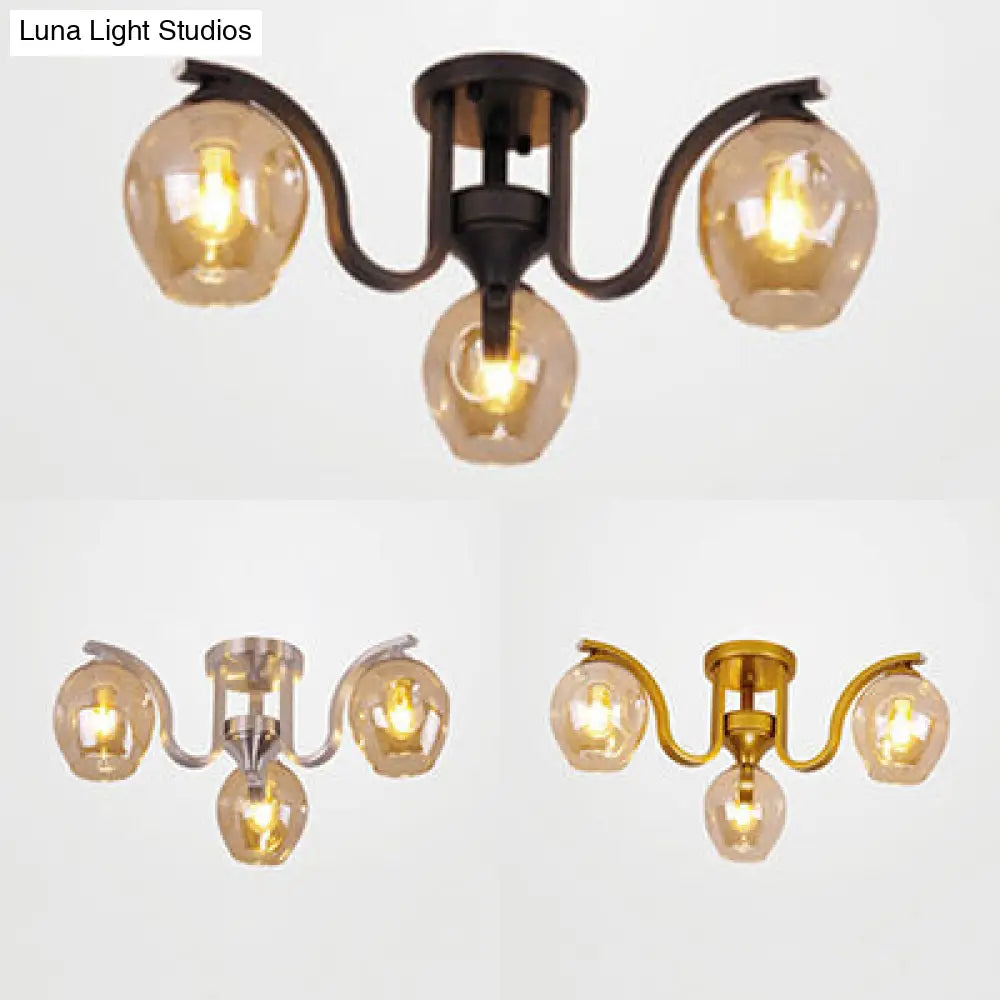 Modern 3 - Light Ceiling Lamp For Study Room - Glass And Metal Semi - Flush Mount