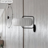 Modern 3-Light Gathered Fabric Pumpkin Wall Lamp With Squared Arm - Black-White Sconce