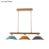 Modern 3-Light Island Pendant With Wood Accent In Blue Grey And Yellow Tones