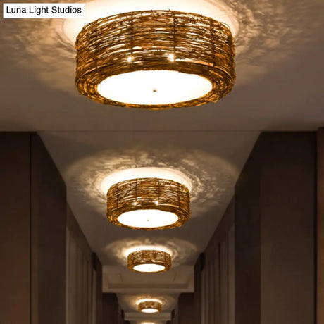 Modern 3-Light Rattan Flush Mount Ceiling Lamp - Hand-Woven Round Shade In Brown 16’/19.5’