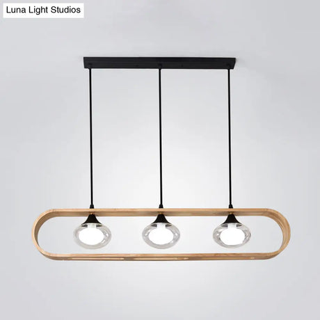 Modern 3-Light Wood Pendant Lamp With Clear Glass Shades In Beige Rectangle Design