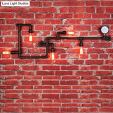 Modern 5-Head Wall Light Fixture: Maze Metallic Sconce In Black/Rust With Open Bulb & Gauge Deco
