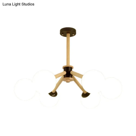 Modern 6-Light Grape Chandelier With Wood Branch And White Glass