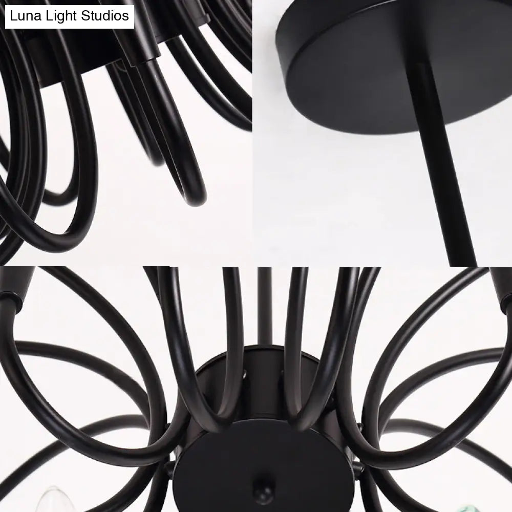 Modern Abstract Metal Chandelier: Multi-Light Black Pendant Lamp With Curved Arm And Exposed Bulbs