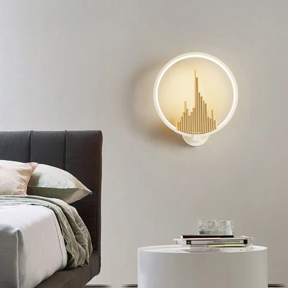 Modern Acrylic Halo-Ring Led Sconce Light In Black/White With Mountain Pattern - Warm Lighting White