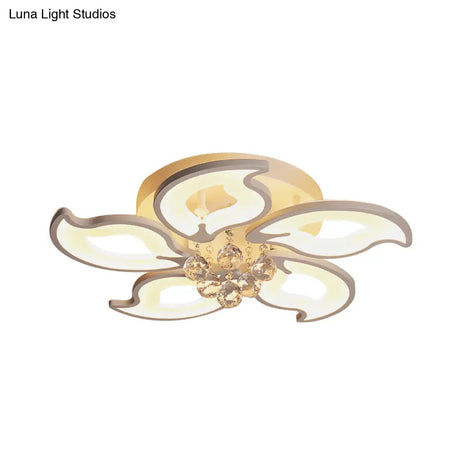Modern Acrylic Leaf-Shape Semi Flush Ceiling Light With Crystal Orb Deco - 5 White Led Heads