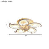Modern Acrylic Leaf-Shape Semi Flush Ceiling Light With Crystal Orb Deco - 5 White Led Heads
