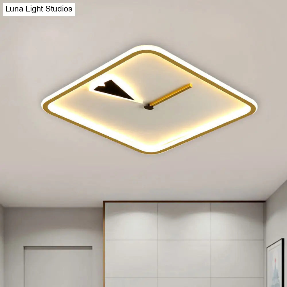 Modern Acrylic Led Bedroom Flushmount With Clock Design - Round/Square Black/Gold
