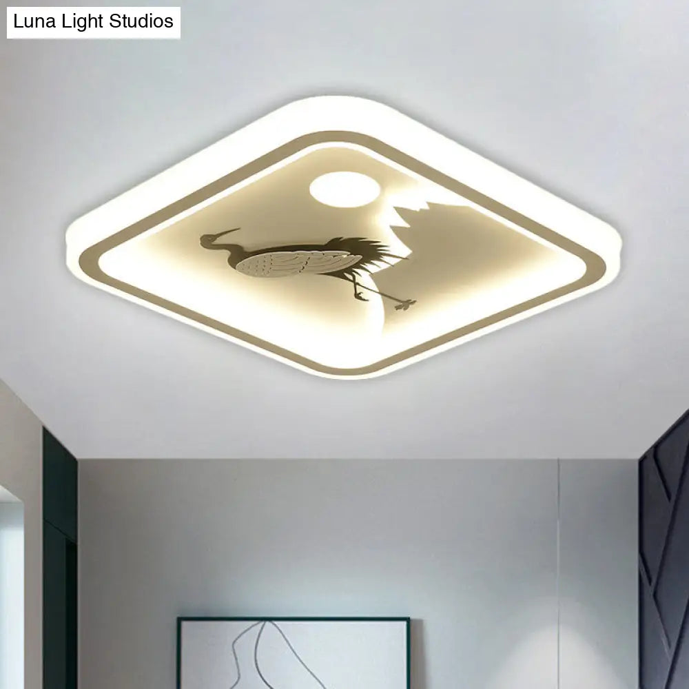 Modern Acrylic Led Ceiling Fixture: Square/Round Flush Mount With White Finish And Bird/Tree Pattern