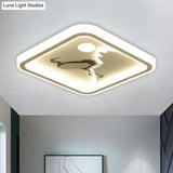 Modern Acrylic Led Ceiling Fixture: Square/Round Flush Mount With White Finish And Bird/Tree Pattern