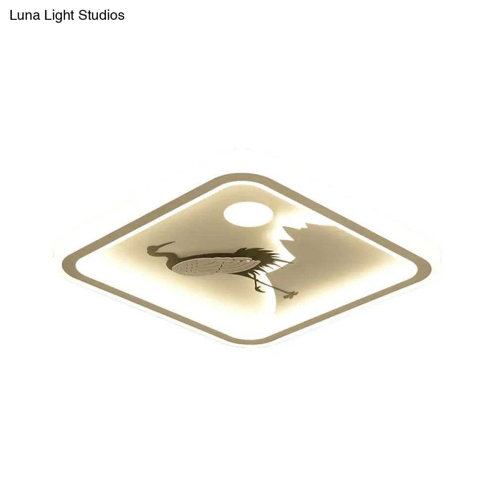 Modern Acrylic Led Ceiling Fixture: Square/Round Flush Mount With White Finish And Bird/Tree Pattern
