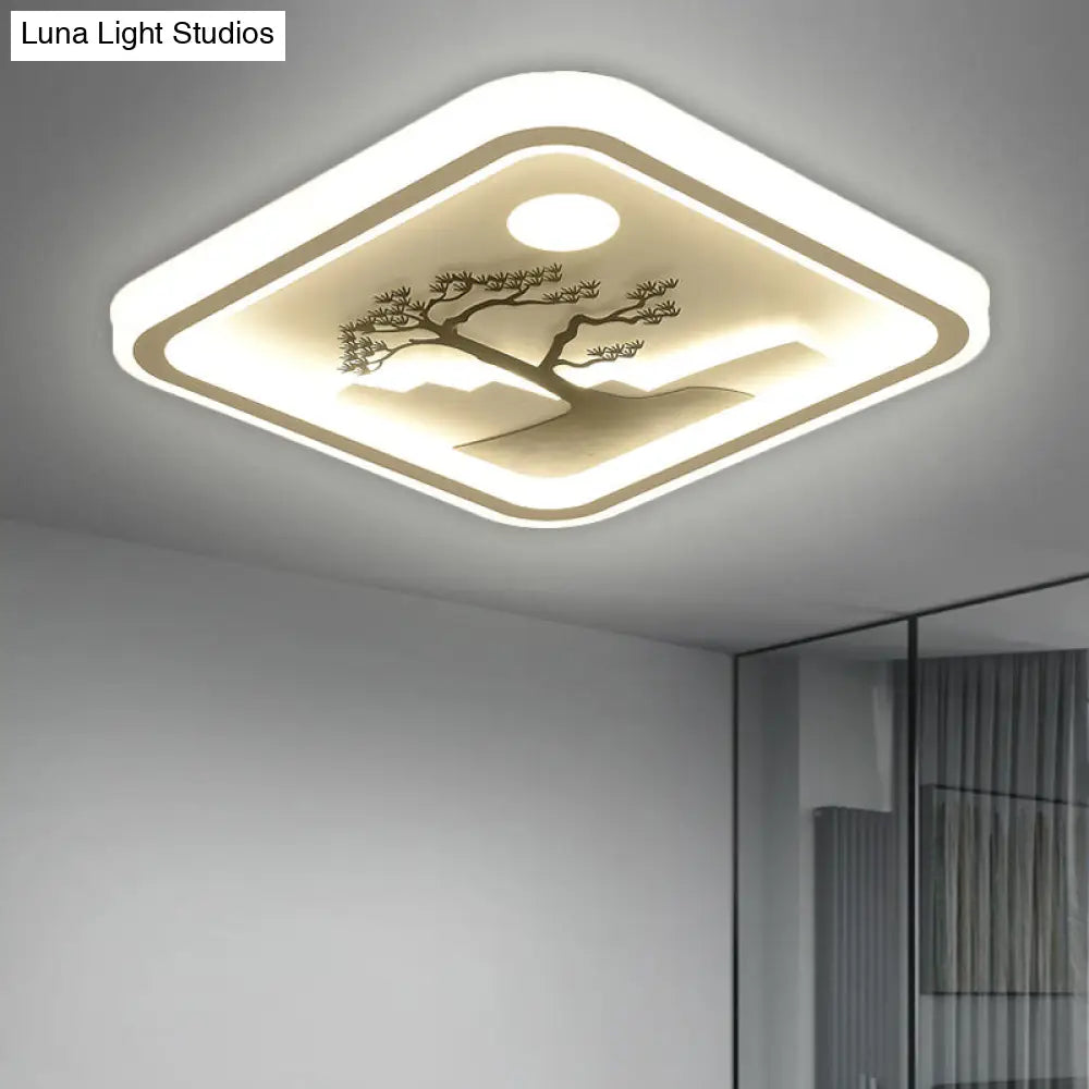 Modern Acrylic Led Ceiling Fixture: Square/Round Flush Mount With White Finish And Bird/Tree Pattern