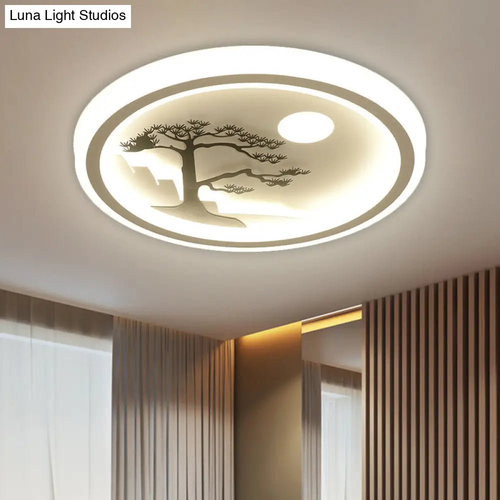 Modern Acrylic Led Ceiling Fixture: Square/Round Flush Mount With White Finish And Bird/Tree Pattern