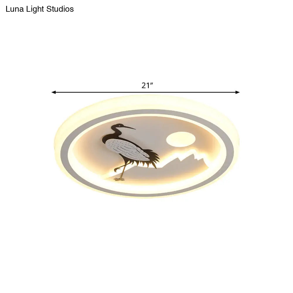 Modern Acrylic Led Ceiling Fixture: Square/Round Flush Mount With White Finish And Bird/Tree Pattern