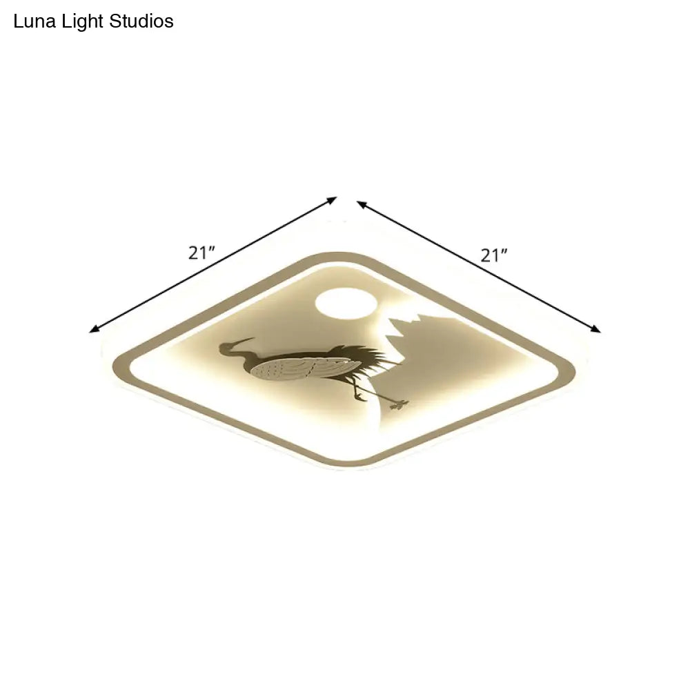Modern Acrylic Led Ceiling Fixture: Square/Round Flush Mount With White Finish And Bird/Tree Pattern