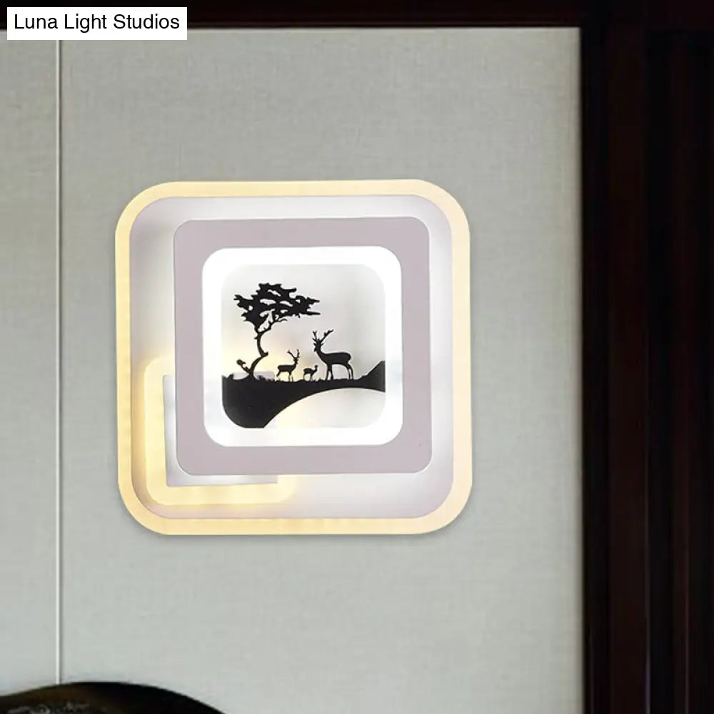 Modern Acrylic Led Sconce: White Wall Lamp With Deer/Feather Pattern - Perfect For Living Room