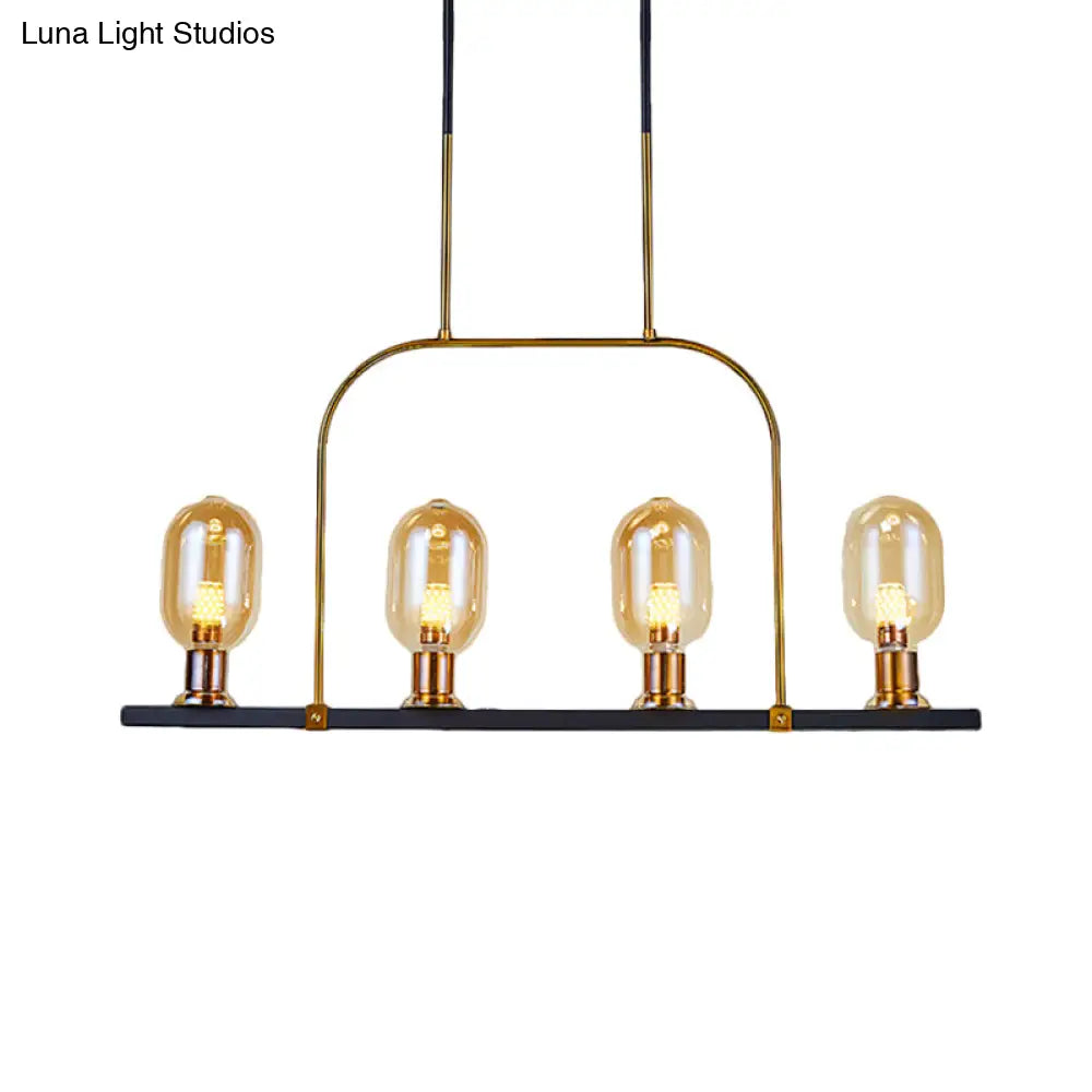 Modern Amber Glass 4-Light Hanging Ceiling Lamp with Metallic Frame - Bulb-Like Island Lighting Black-Gold