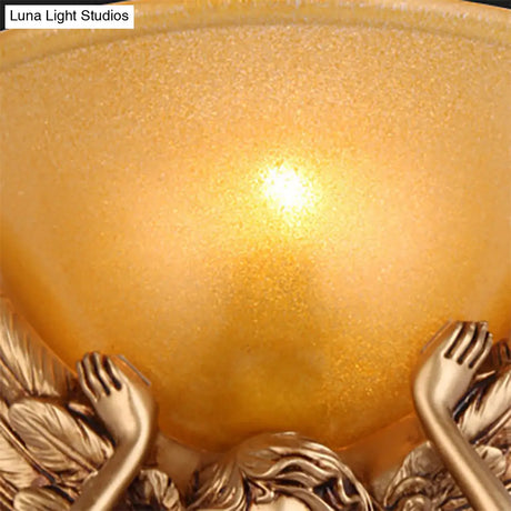 Modern Amber Glass Bowl Wall Lamp - 1 Light Bedroom Sconce With Gold/White Angel Design