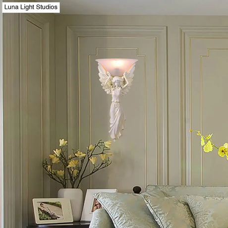 Modern Amber Glass Bowl Wall Lamp - 1 Light Bedroom Sconce With Gold/White Angel Design