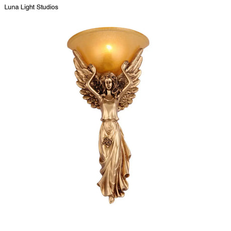 Modern Amber Glass Bowl Wall Lamp - 1 Light Bedroom Sconce With Gold/White Angel Design
